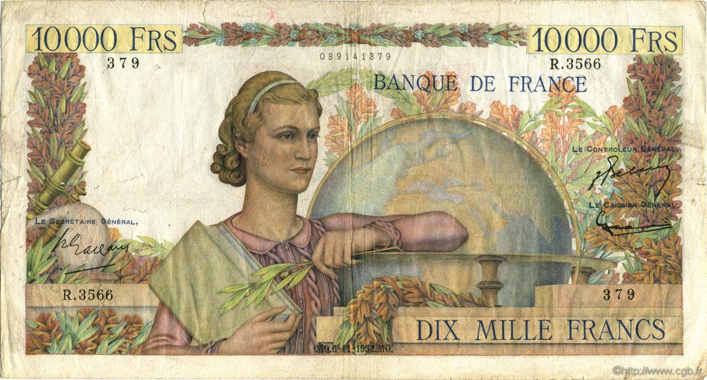 10000 Francs GÉNIE FRANÇAIS FRANCE  1952 F.50.61 B+