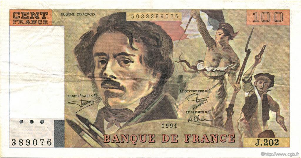 100 Francs DELACROIX imprimé en continu FRANCE  1991 F.69bis.03c1 TTB+