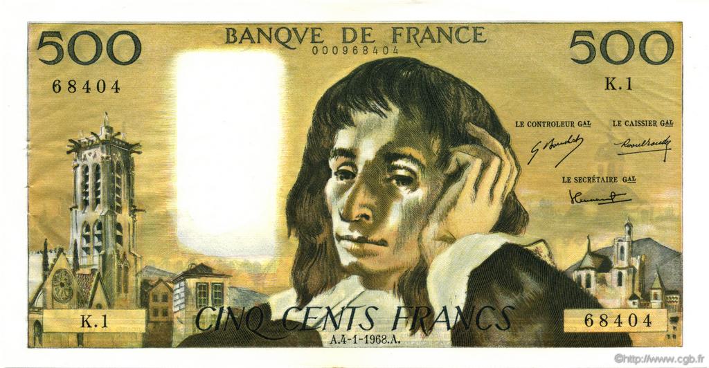 500 Francs PASCAL FRANCE  1968 F.71.01 pr.SPL