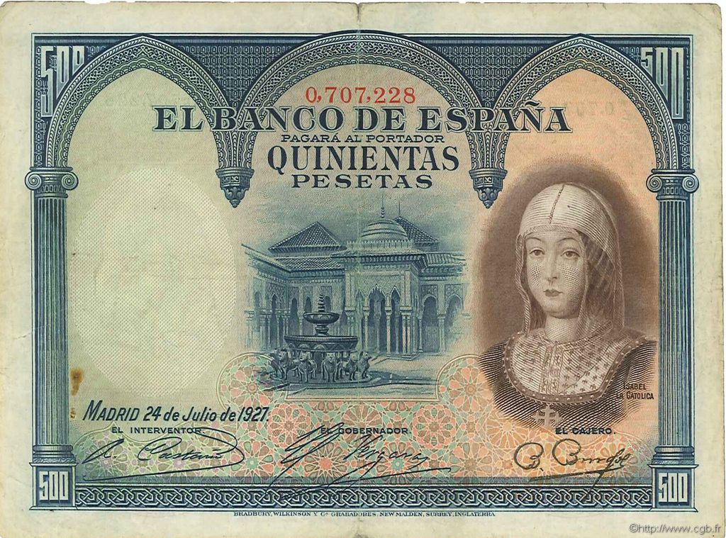 500 Pesetas SPAIN  1927 P.073a VF
