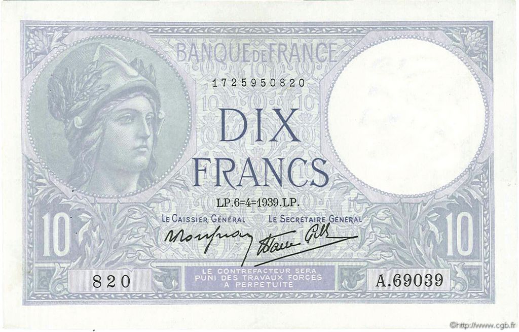 10 Francs MINERVE modifié FRANCE  1939 F.07.02 TTB+ à SUP