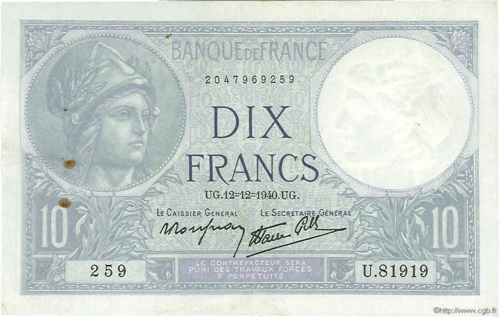 10 Francs MINERVE modifié FRANCE  1940 F.07.24 TTB+