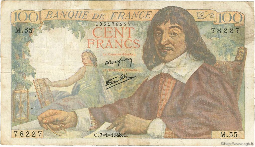100 Francs DESCARTES FRANCE  1943 F.27.03 TB+