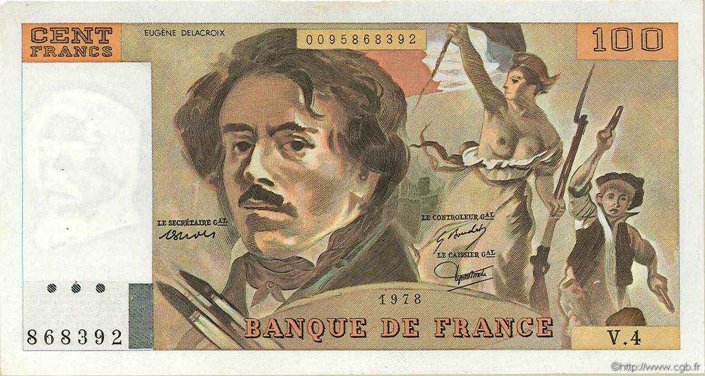 100 Francs DELACROIX modifié FRANCE  1978 F.69.01c SUP