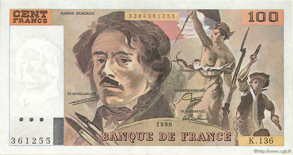 100 Francs DELACROIX imprimé en continu FRANCE  1990 F.69bis.01a SUP
