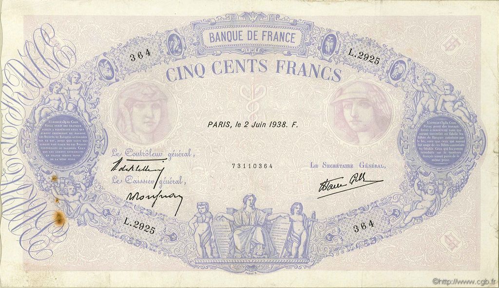 500 Francs BLEU ET ROSE modifié FRANCE  1938 F.31.13 TB+
