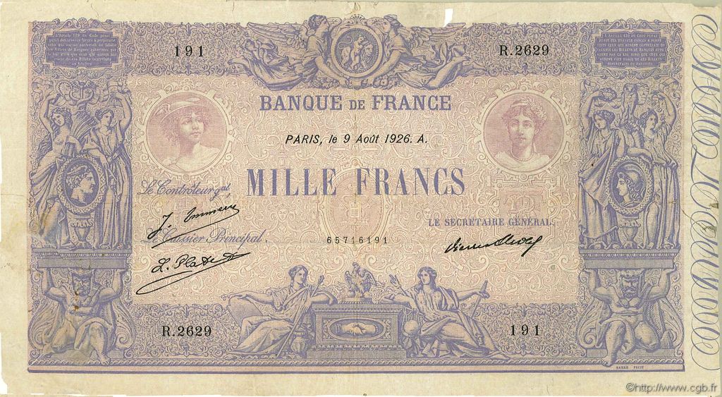 1000 Francs BLEU ET ROSE FRANCE  1926 F.36.43 TB