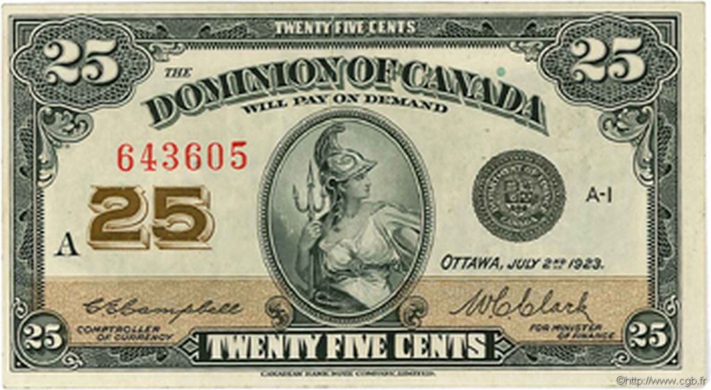 25 Cents CANADA  1923 P.011c pr.SUP