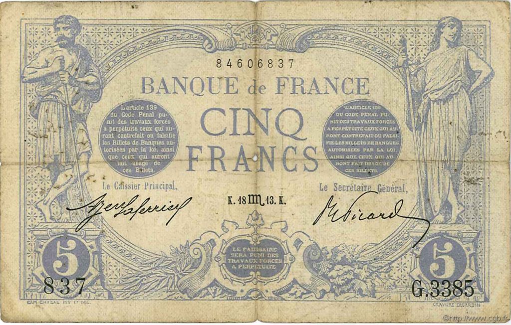 5 Francs BLEU FRANCE  1913 F.02.21 TB