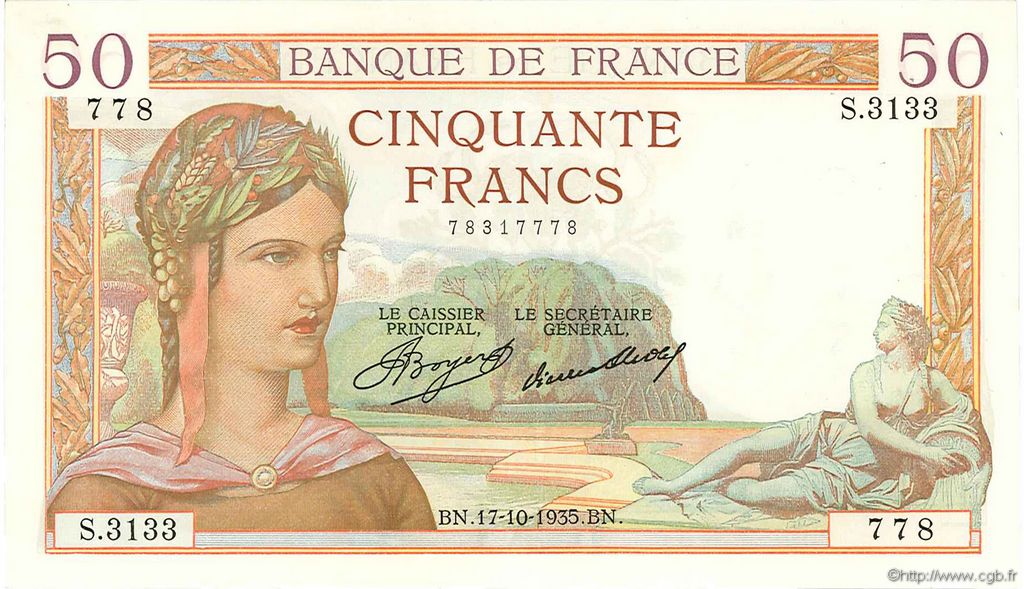 50 Francs CÉRÈS FRANCE  1935 F.17.18 XF-