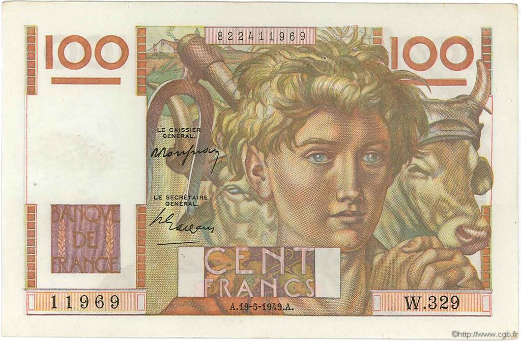 100 Francs JEUNE PAYSAN FRANCE  1949 F.28.24 TTB+