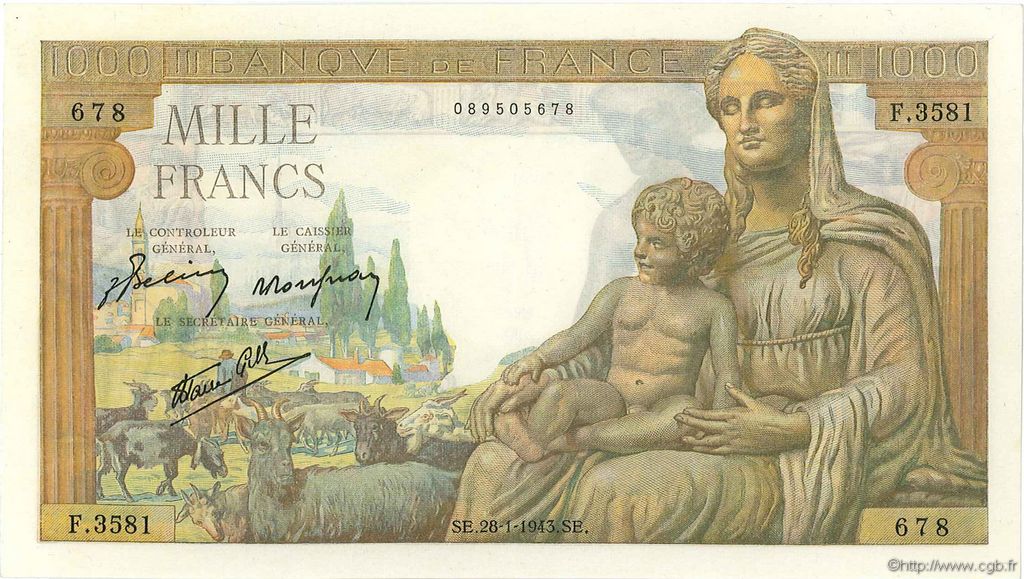 1000 Francs DÉESSE DÉMÉTER FRANCE  1943 F.40.17 pr.SPL