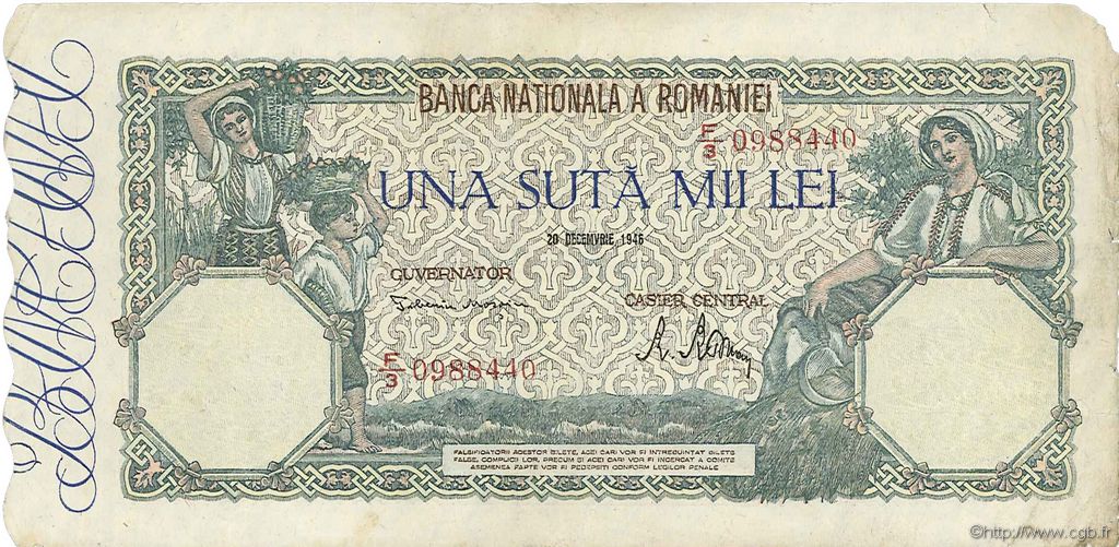 100000 Lei ROMANIA  1946 P.058a F+