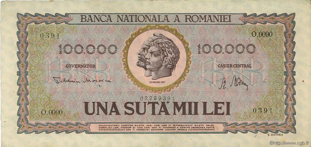 100000 Lei ROUMANIE  1947 P.059a TTB