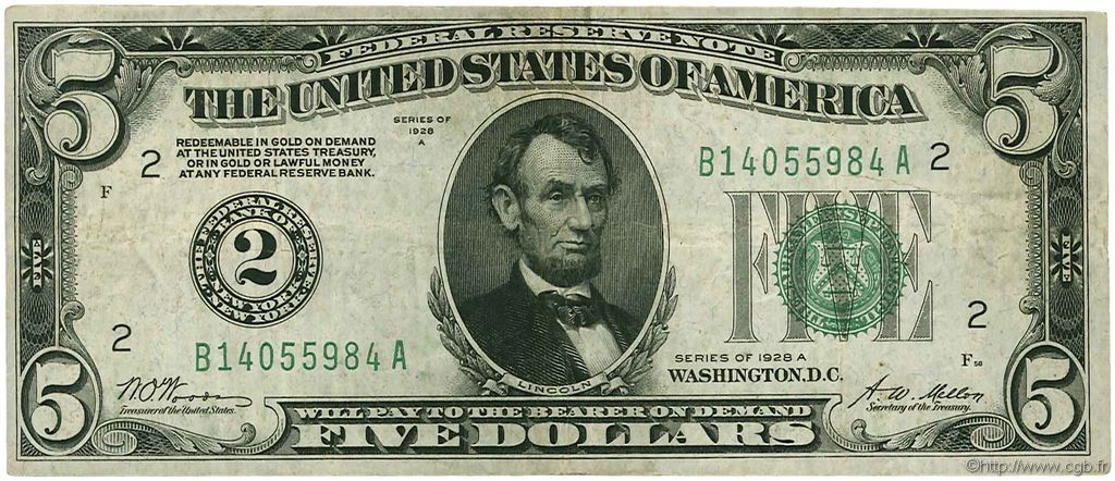 5 Dollars ÉTATS-UNIS D AMÉRIQUE New York 1928 P.420a TB