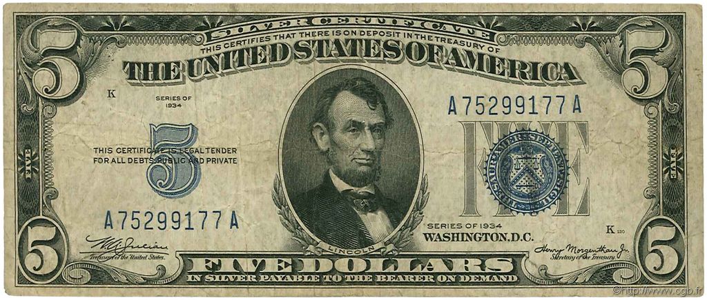 5 Dollars ÉTATS-UNIS D AMÉRIQUE  1934 P.414A TB