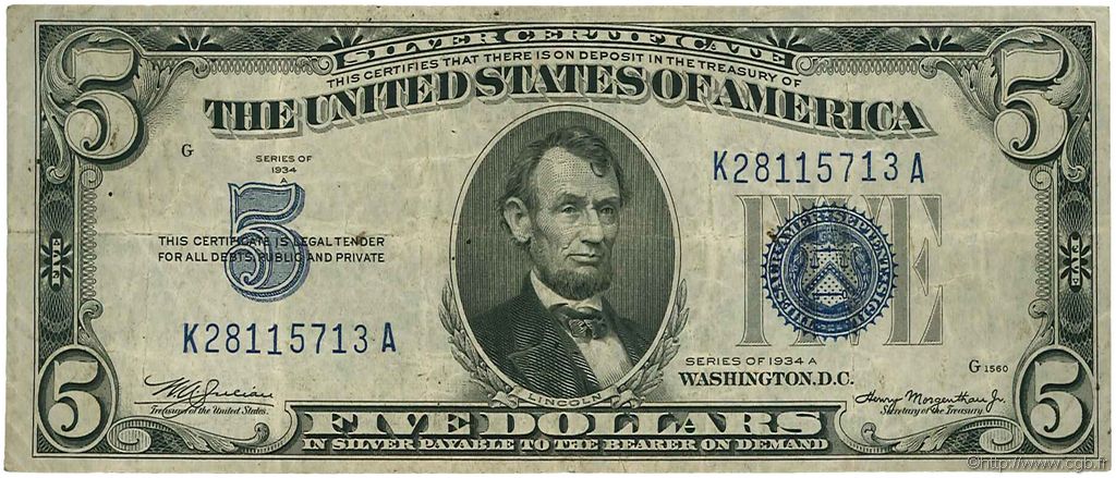 5 Dollars ÉTATS-UNIS D AMÉRIQUE  1934 P.414Aa TB