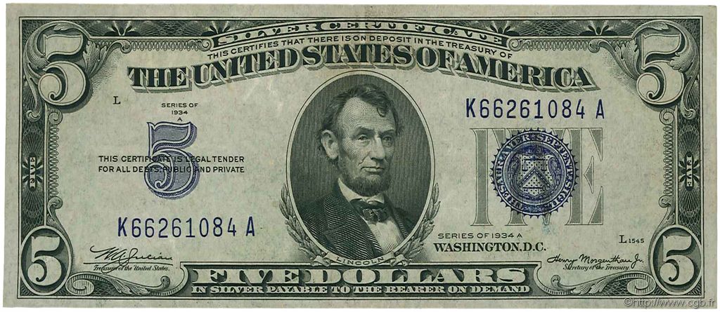 5 Dollars ÉTATS-UNIS D AMÉRIQUE  1934 P.414Aa TTB