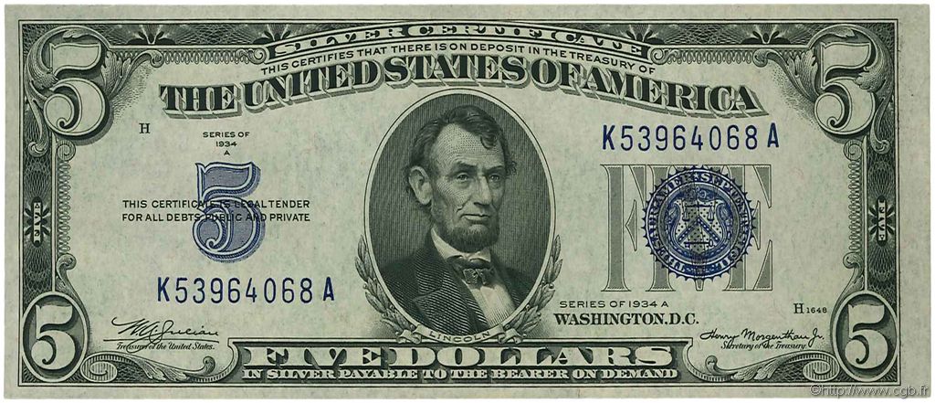 5 Dollars ÉTATS-UNIS D AMÉRIQUE  1934 P.414Aa SUP+
