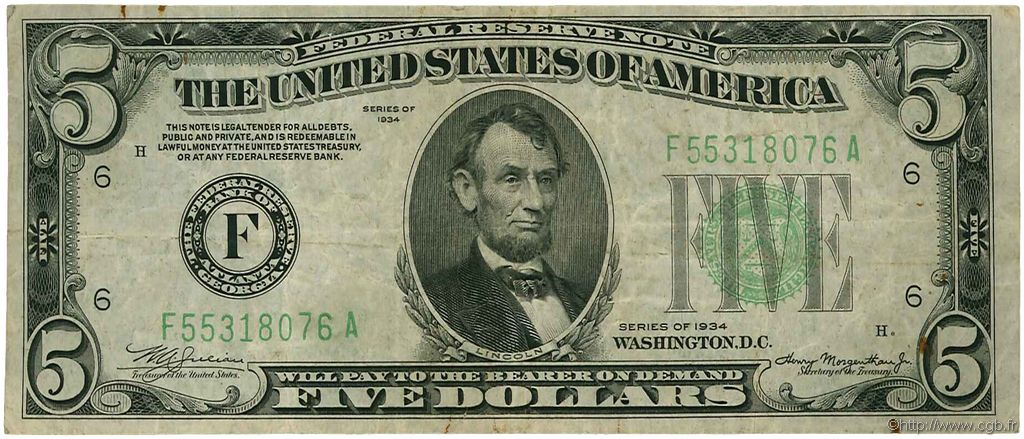 5 Dollars ÉTATS-UNIS D AMÉRIQUE Atlanta 1934 P.429D TB