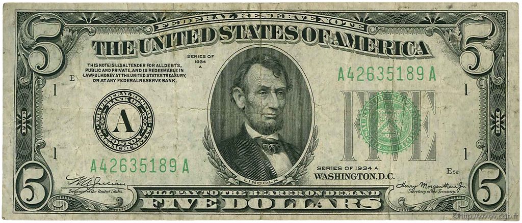 5 Dollars ÉTATS-UNIS D AMÉRIQUE Boston 1934 P.429Da TB