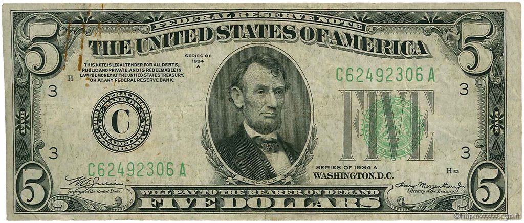5 Dollars ÉTATS-UNIS D AMÉRIQUE Philadelphia 1934 P.429Da TB