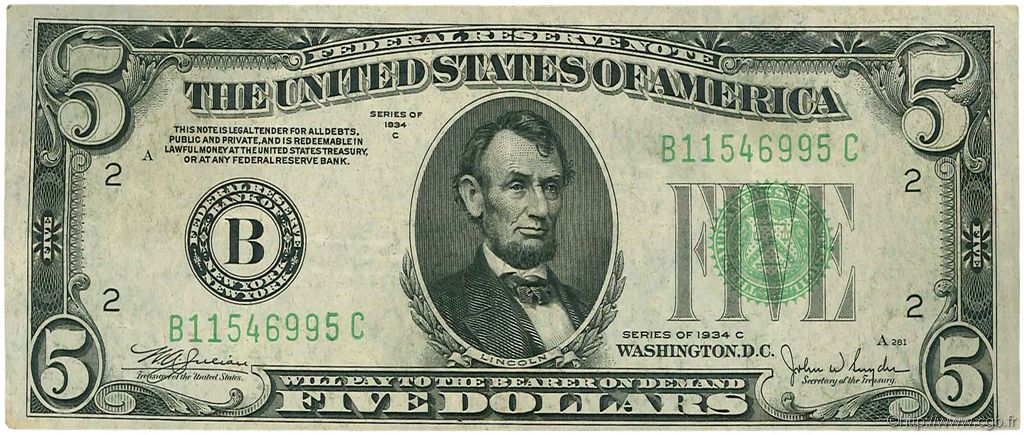 5 Dollars ÉTATS-UNIS D AMÉRIQUE New York 1934 P.429Dc TTB