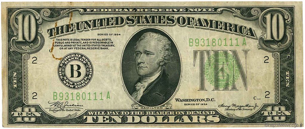 10 Dollars ÉTATS-UNIS D AMÉRIQUE New York 1934 P.430D TB