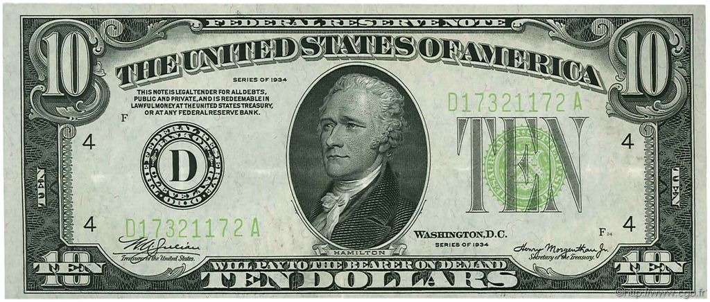 10 Dollars ÉTATS-UNIS D AMÉRIQUE Cleveland 1934 P.430D pr.SUP