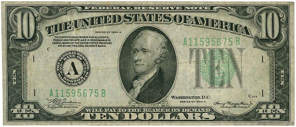 10 Dollars ÉTATS-UNIS D AMÉRIQUE Boston 1934 P.430Da TB