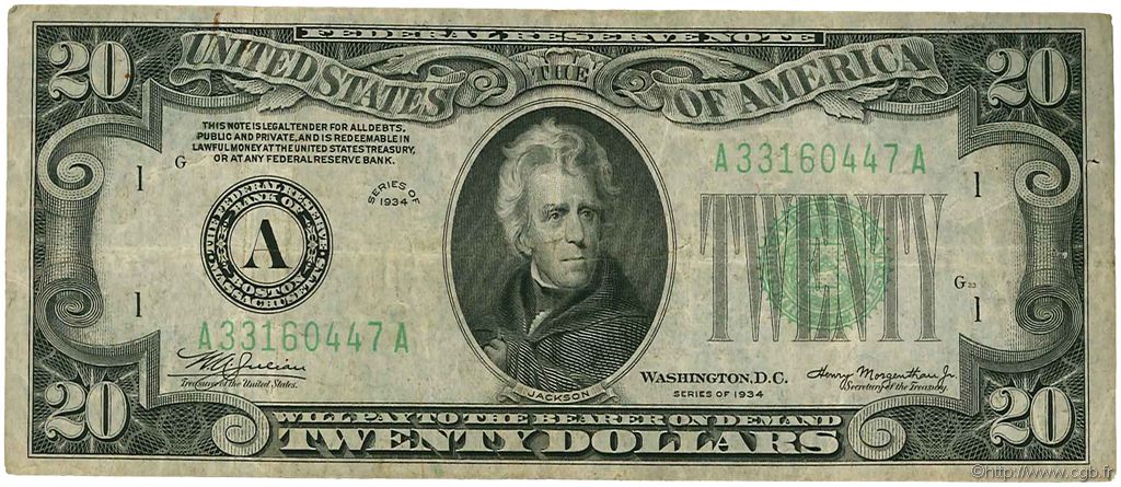 20 Dollars ÉTATS-UNIS D AMÉRIQUE Boston 1934 P.431D TB