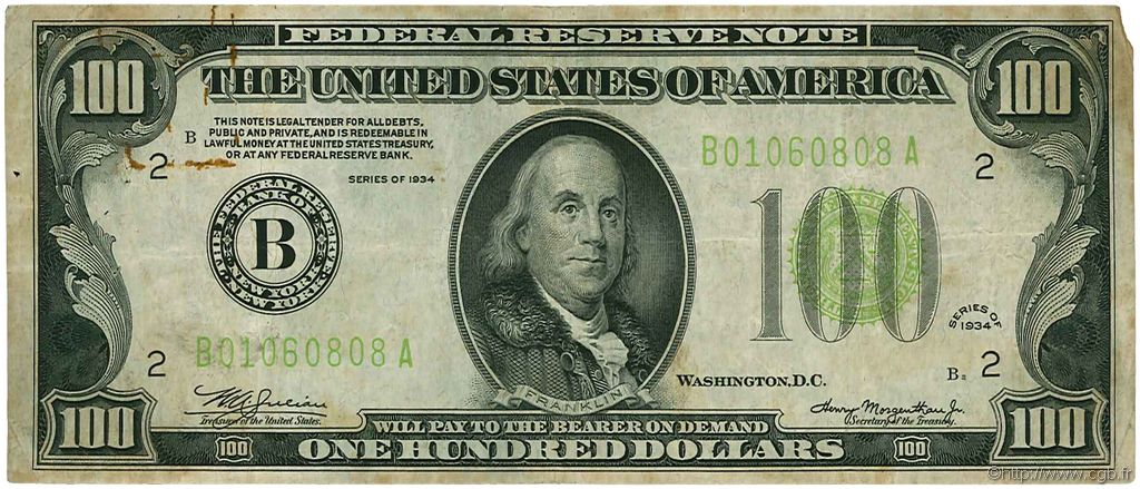 100 Dollars ÉTATS-UNIS D AMÉRIQUE New York 1934 P.433D TB
