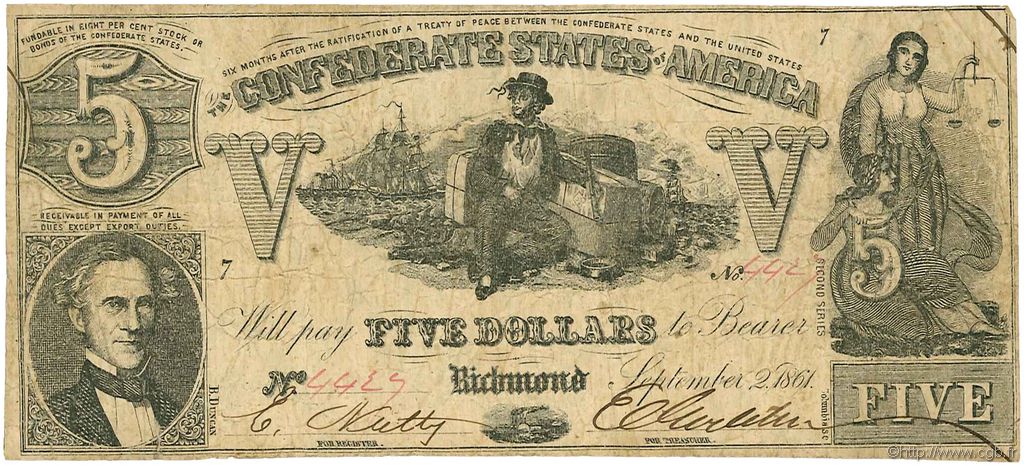 5 Dollars ÉTATS CONFÉDÉRÉS D AMÉRIQUE  1861 P.20b TB