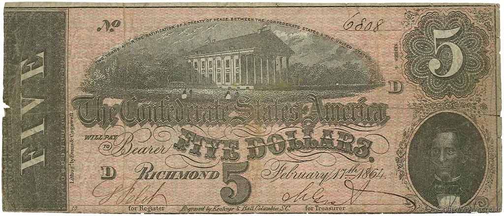 5 Dollars ÉTATS CONFÉDÉRÉS D AMÉRIQUE  1864 P.67 TB à TTB
