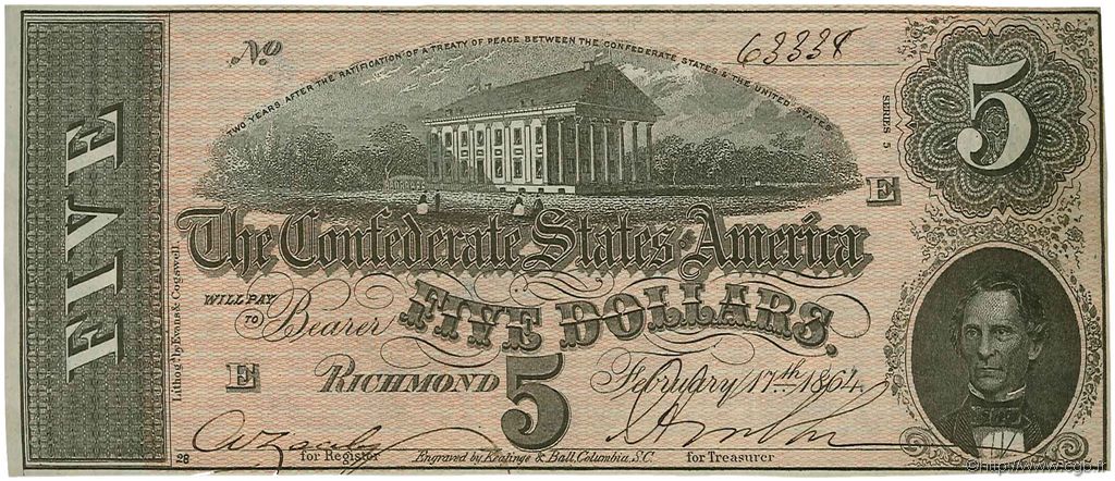 5 Dollars ÉTATS CONFÉDÉRÉS D AMÉRIQUE  1864 P.67 SPL
