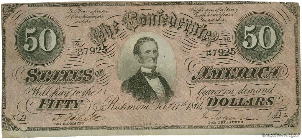 50 Dollars ÉTATS CONFÉDÉRÉS D AMÉRIQUE  1864 P.70 TTB