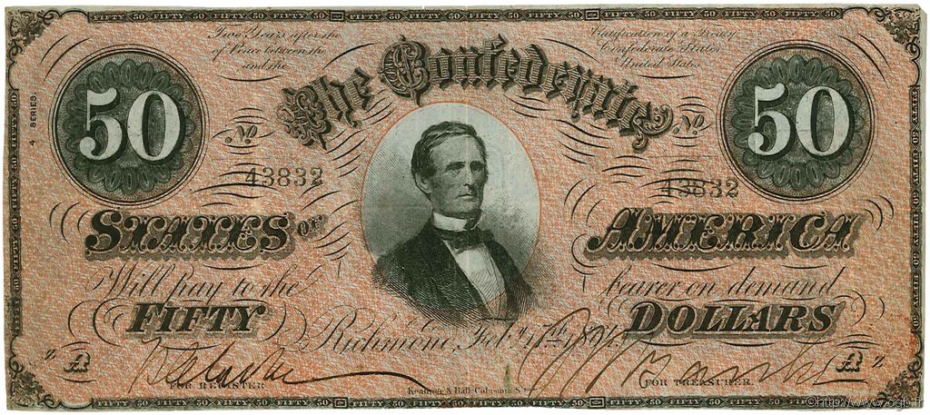 50 Dollars ÉTATS CONFÉDÉRÉS D AMÉRIQUE  1864 P.70 TTB+