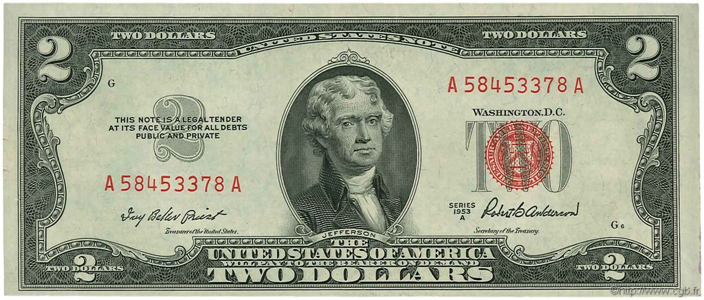2 Dollars ÉTATS-UNIS D AMÉRIQUE  1953 P.380a SUP+
