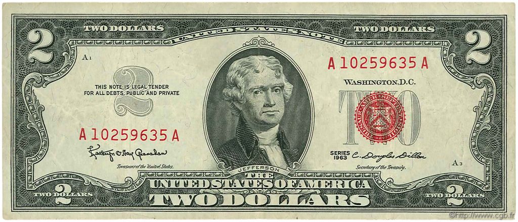 2 Dollars ÉTATS-UNIS D AMÉRIQUE  1963 P.382a TTB