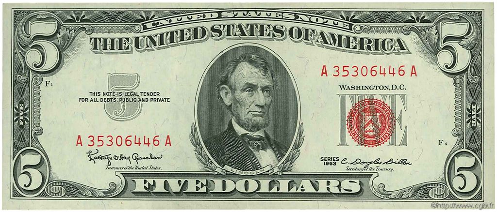5 Dollars ÉTATS-UNIS D AMÉRIQUE  1963 P.383 SUP+