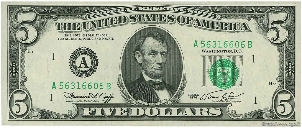 5 Dollars ÉTATS-UNIS D AMÉRIQUE Boston 1974 P.456 SUP