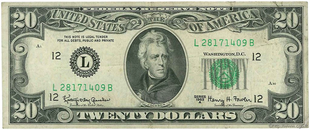 20 Dollars ÉTATS-UNIS D AMÉRIQUE San Francisco 1963 P.446b TTB
