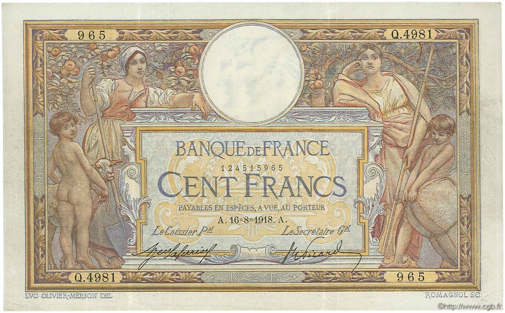 100 Francs LUC OLIVIER MERSON sans LOM FRANCE  1918 F.23.10 TTB+