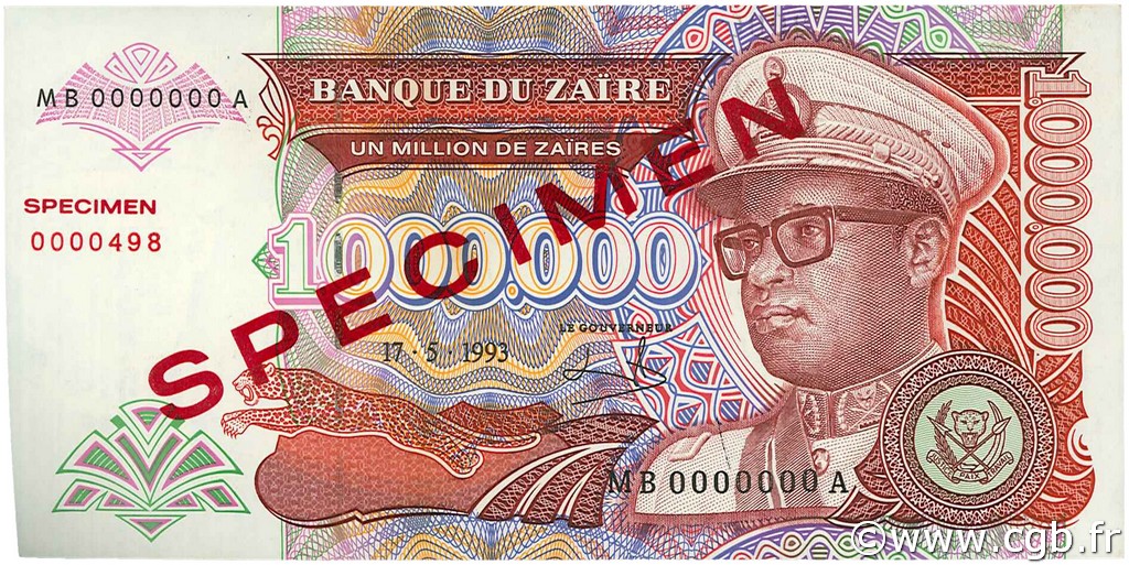 1000000 Zaïres Spécimen ZAIRE  1993 P.45s2 AU