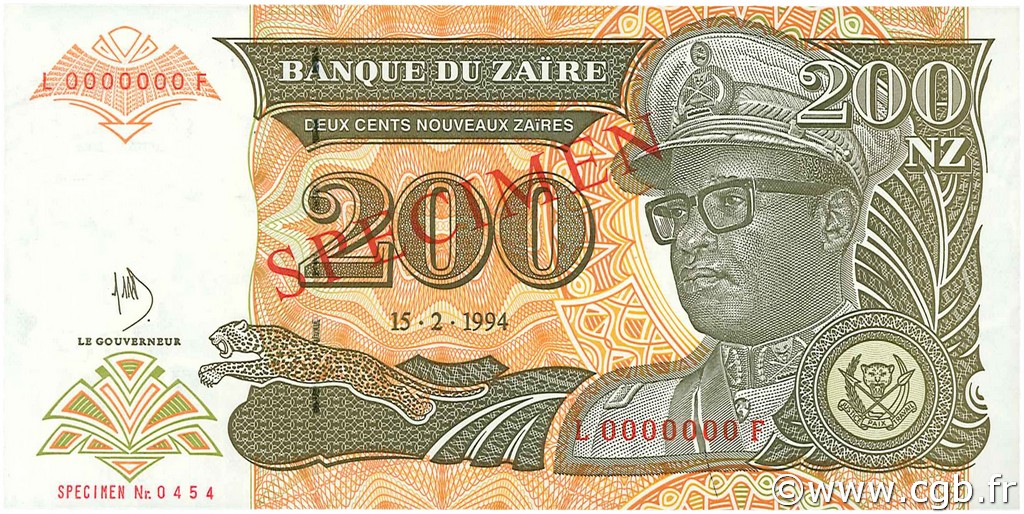 200 Nouveaux Zaïres Spécimen ZAIRE  1994 P.62s q.FDC
