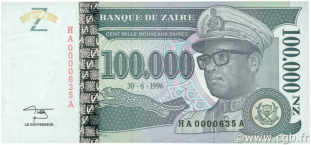 100000 Nouveaux Zaïres ZAÏRE  1996 P.77Aa NEUF