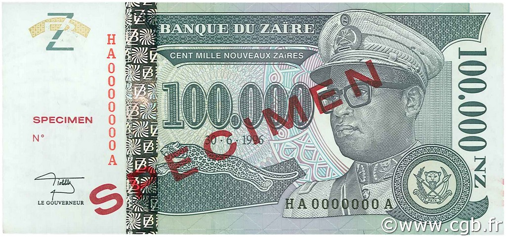 100000 Nouveaux Zaïres Spécimen ZAÏRE  1996 P.77As pr.NEUF