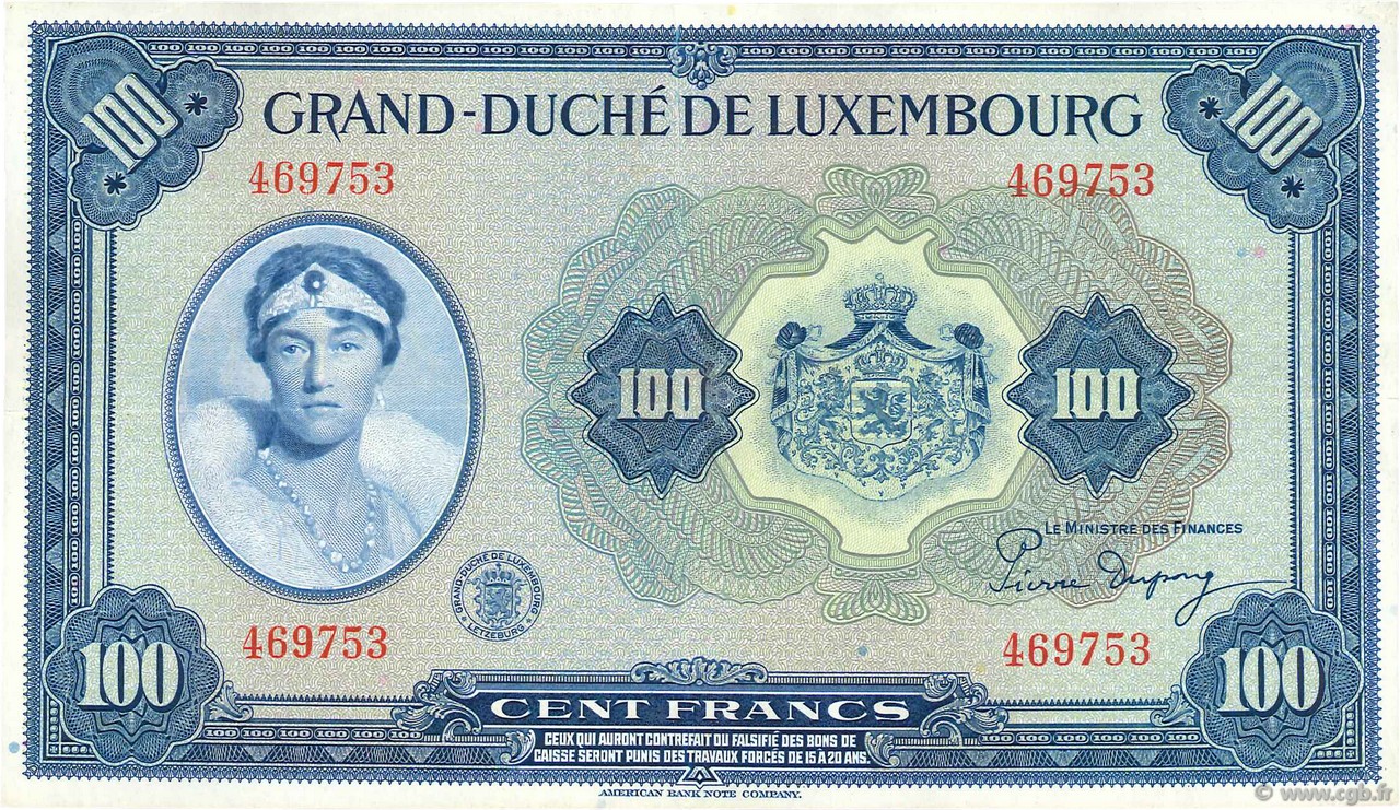 100 Francs LUXEMBURGO  1944 P.47 MBC+