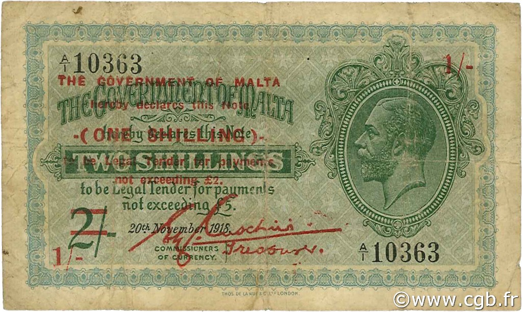 1 Shilling sur 2 Shillings MALTE  1940 P.15 TB
