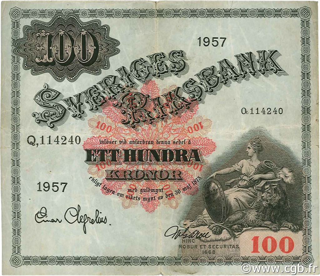 100 Kronor SUÈDE  1957 P.45c TTB